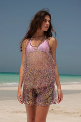 zoethelabel purple shiny shorts top shirt bikini coverup bleach club dress beach dress