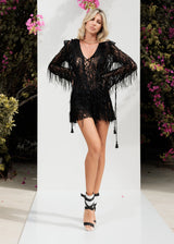 Short V Neck Fringe Long Sleeves Black Party Dress Zoe The Label