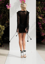 ZoeTheLabel Black Short V Neck Fringe Party Long Sleeves Summer Brunch Outfit Dress