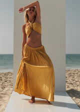 Mustard Yellow Cotton Beachside Brunch Party Hand-Braided Halter Bra Top Low-Waisted Skirt Set ZoeTheLabel