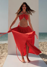 Neon Orange Cotton Beachside Brunch Party Hand-Braided Halter Bra Top Low-Waisted Skirt Set ZoeTheLabel