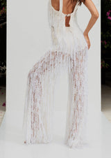 Long Fringe Sheer White See Through High-Waisted Pants ZoeTheLabel